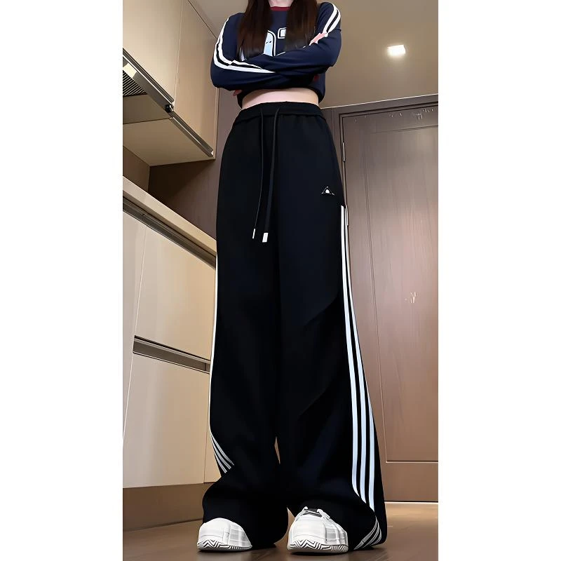 黑白条纹拼接阔腿裤男款秋季美式慵懒风穿搭卫裤青少年运动休闲裤