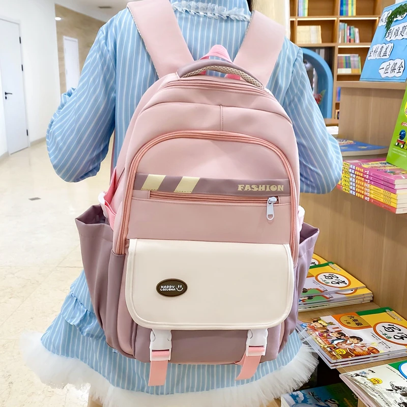 小学生书包女初中生大容量百搭双肩包韩版撞色多格层宝藏旅行背包