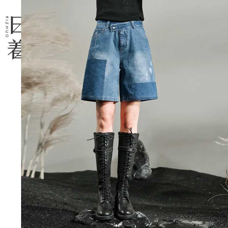 日着原创2025夏季新款做旧纯棉牛仔短裤时尚拼接休闲裤女RD2384K3