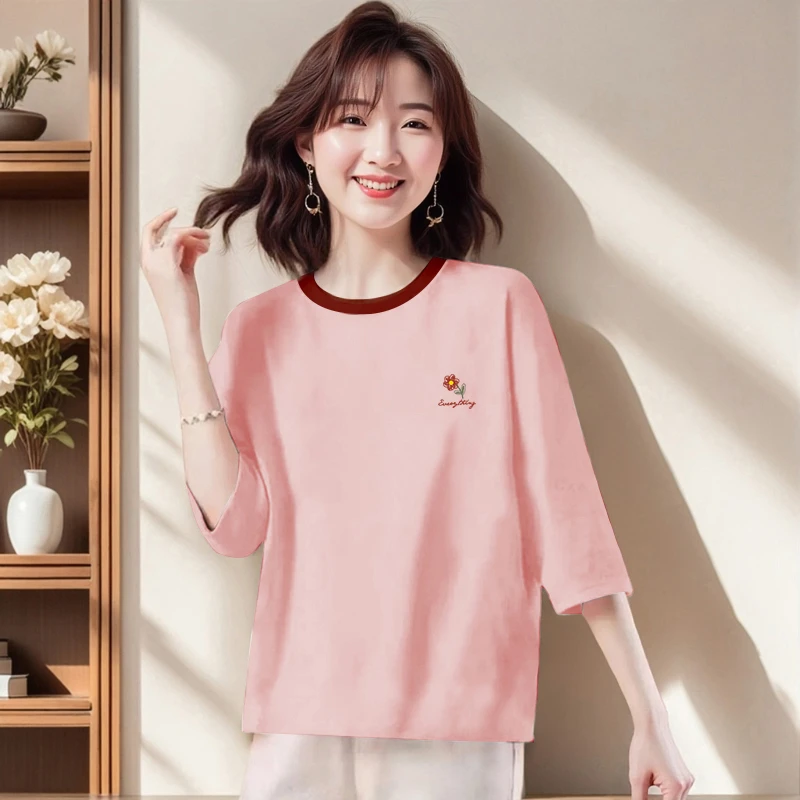 七分袖T恤女夏宽松上衣女士休闲简约纯棉遮肉显瘦纯色打底衫减龄