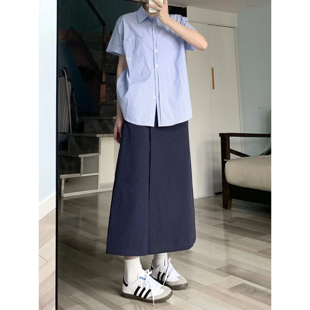 韩系学院风套装女夏新款时尚减龄条纹短袖衬衫半身裙子两件套复古