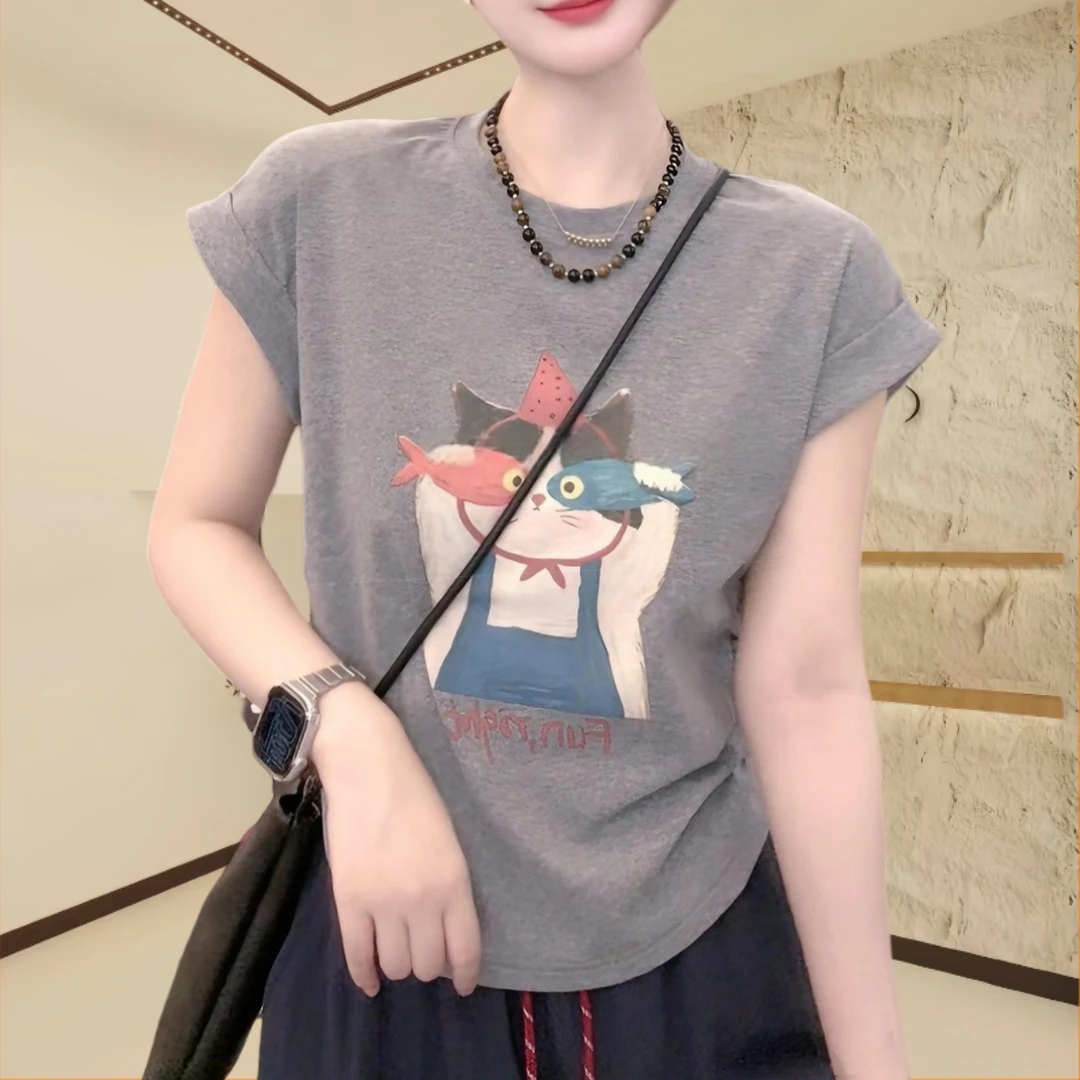 夏季宽松圆领印花短袖女2025休闲百搭薄款透气柔软舒适弹性T袖