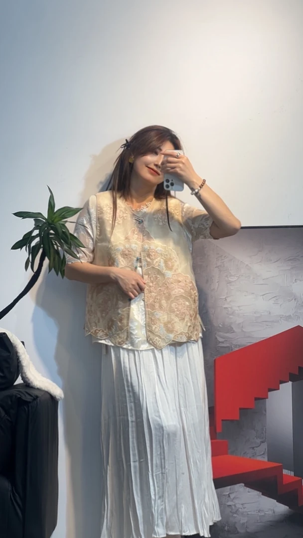 新中式清冷国风珠光风琴褶夏季女性半身裙