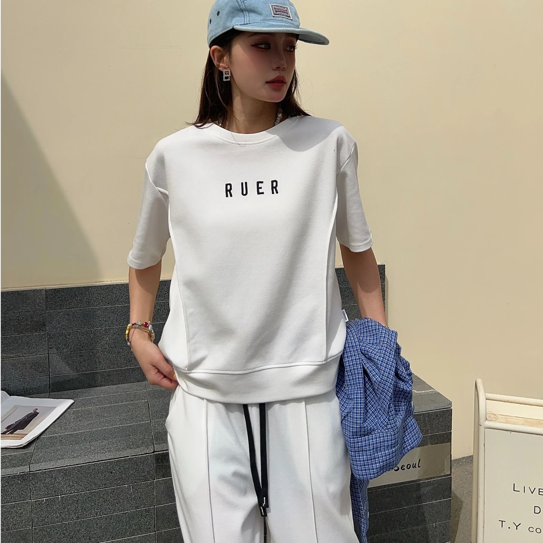 T102夏季新款时尚潮流百搭韩版刺绣字母短袖女士套装25-75