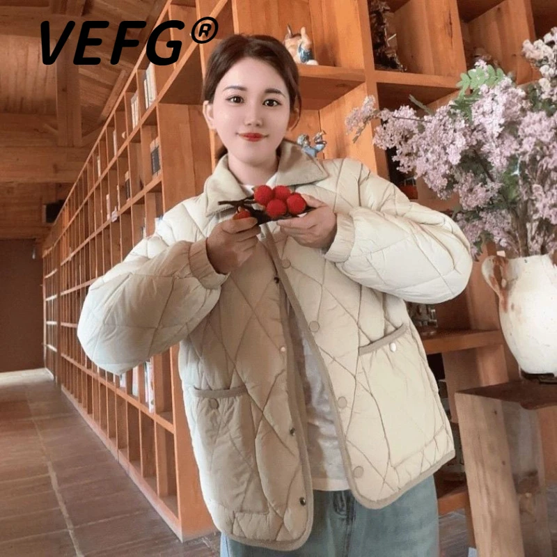 VEFG小香风轻薄菱格棉服秋冬款2025新款时尚小个子棉袄短外套棉衣