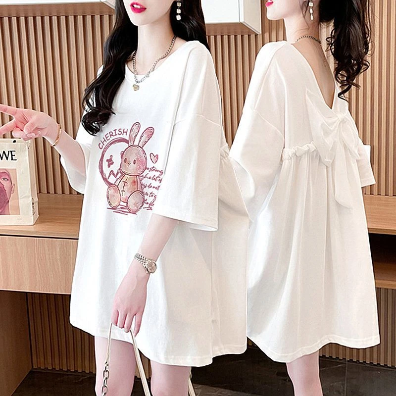 小心机露背蝴蝶结纯棉短袖T恤女夏季2025新款韩版中长款半袖上衣