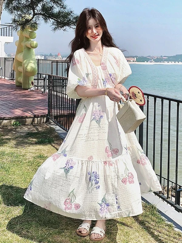 【夏沫花】独特漂亮浪漫花卉印花灯笼袖连衣裙子女