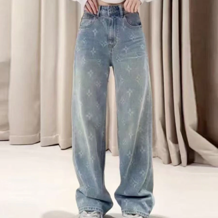 欧货高腰直筒满幅印花牛仔裤女春夏新款梨形身材显瘦阔腿裤子1323