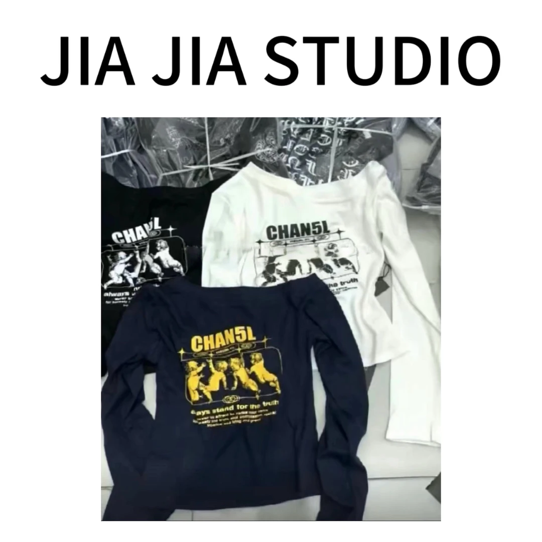 嘉嘉推荐#5568【早秋款】斜肩美式复古印花长袖