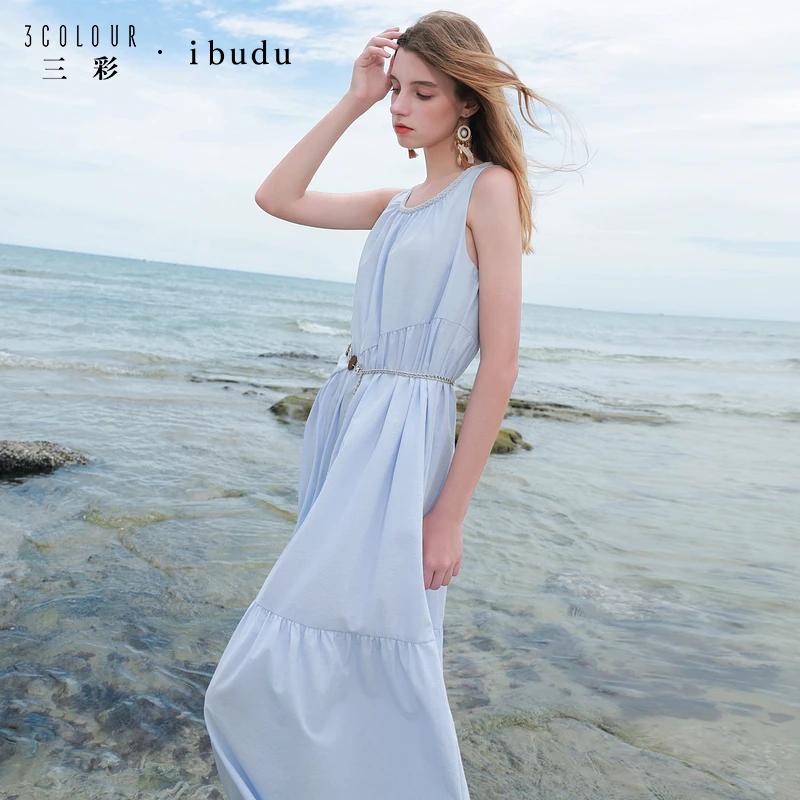 三彩ibudu2025夏季新款无袖连衣裙A字裙褶皱拼接长裙女0168