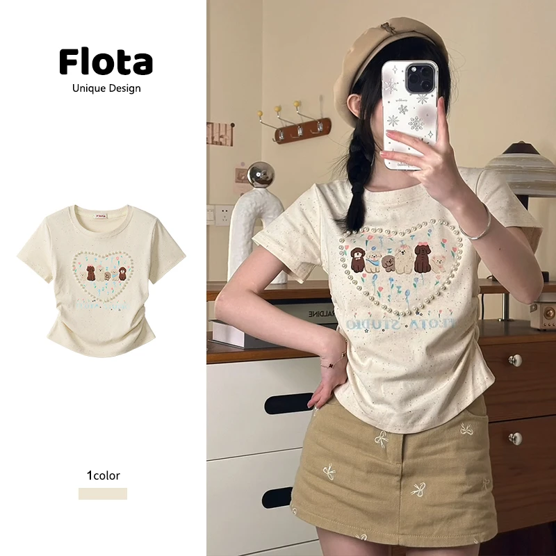 【flota】夏季新款盐系爱心珍珠可爱小狗圆领别致短袖T恤女上衣0940