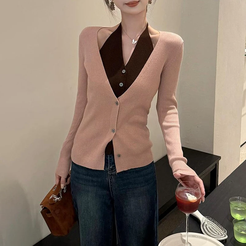 韩系粉色挂脖假两件针织开衫女早秋季新款巨好看高级感短款上衣
