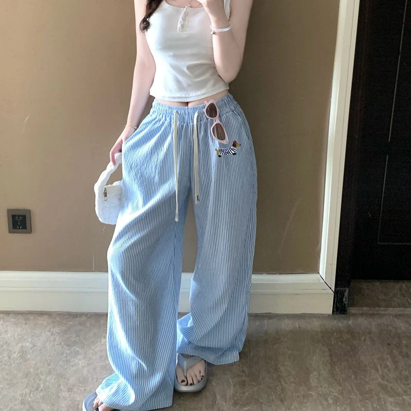 轻薄云朵棉睡裤女双口袋阔腿裤夏季卡通格子可外穿休闲宽松家居裤