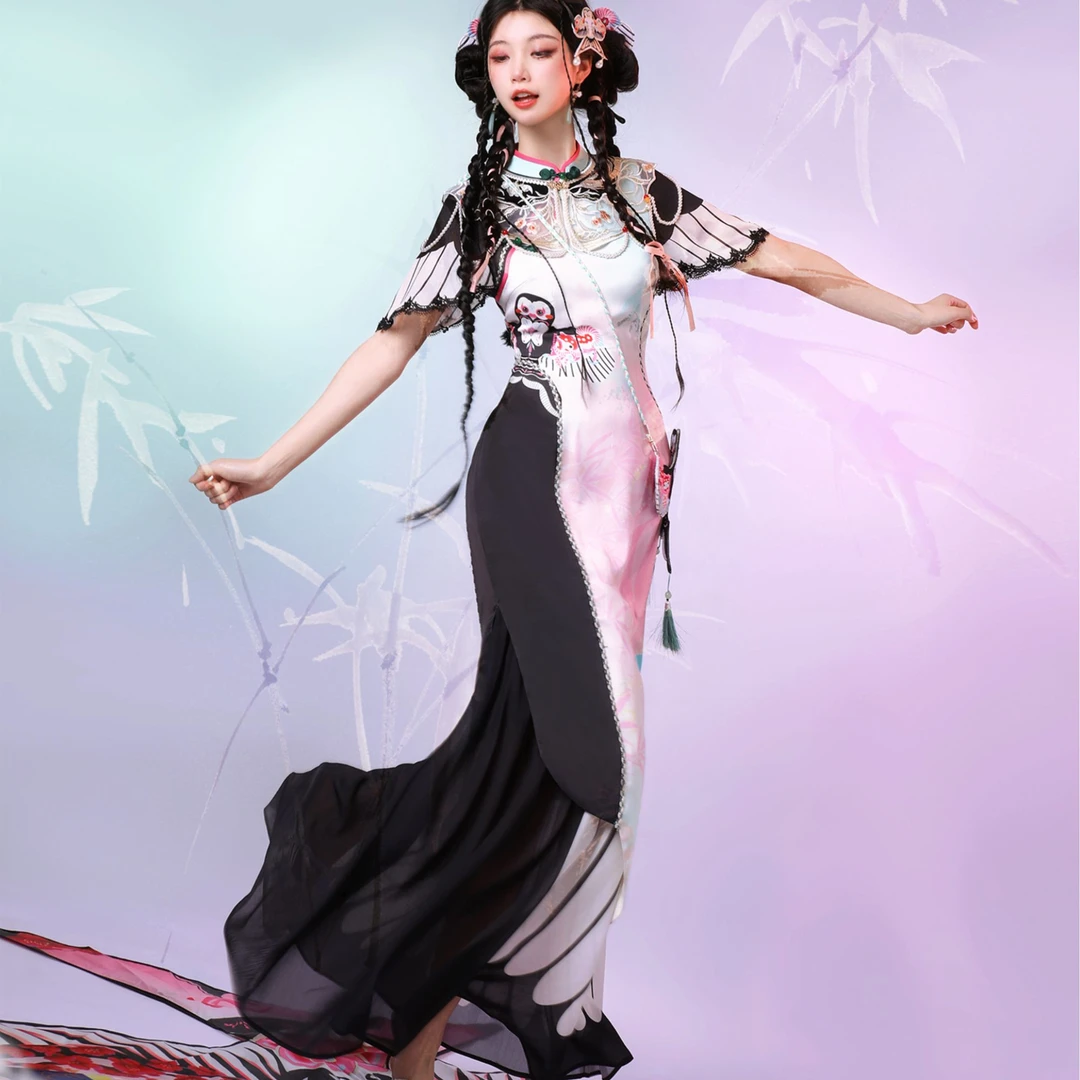 四斤自制 粉鸢 原创粉玉纸鸢印花少女系叠穿假两件新中式旗袍