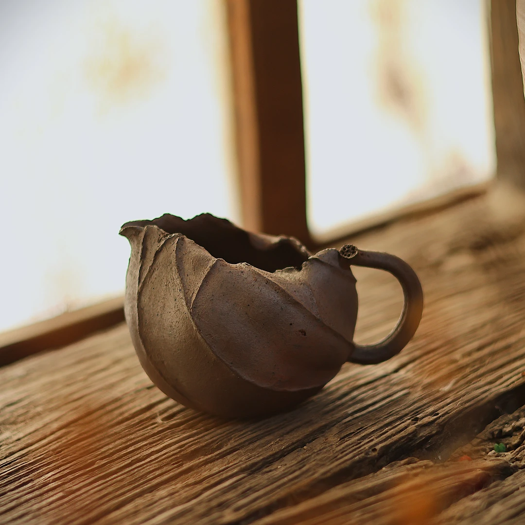 【柿间浅憩】全手工*柴烧*仿真系列*荷叶侧把公道