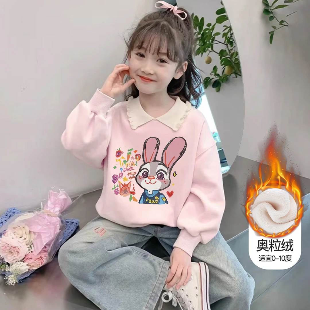 女童加绒卫衣冬季儿童加厚一体绒卫衣女孩卡通小兔翻领时髦上衣棉