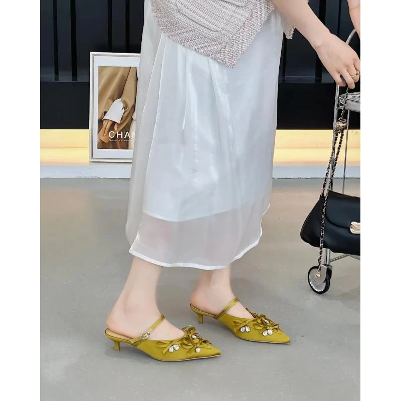 7539-MGG新款蝴蝶结尖头细跟法式外穿包头凉鞋