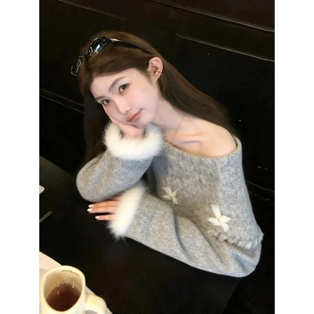 韩系氛围感宽松慵懒风百搭上衣高级感灰色蝴蝶结一字肩毛衣女秋冬