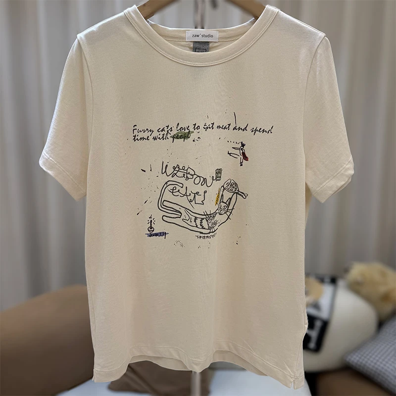 zaw大码短袖T恤女夏季2025新款宽松遮肚子藏肉显瘦胖mm上衣/25321