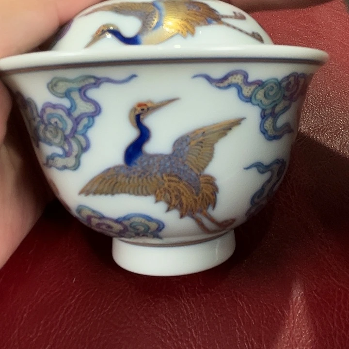 景德镇斗彩描金云鹤二才盖碗