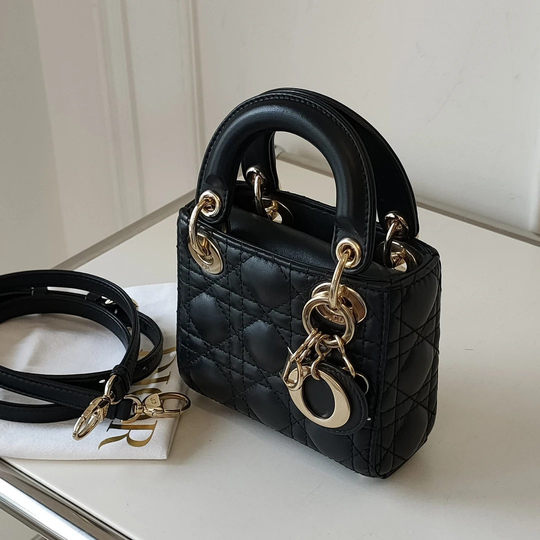 95新 DIOR/迪奥 Azul-黑金羊皮戴妃超mini手提斜挎包/47811