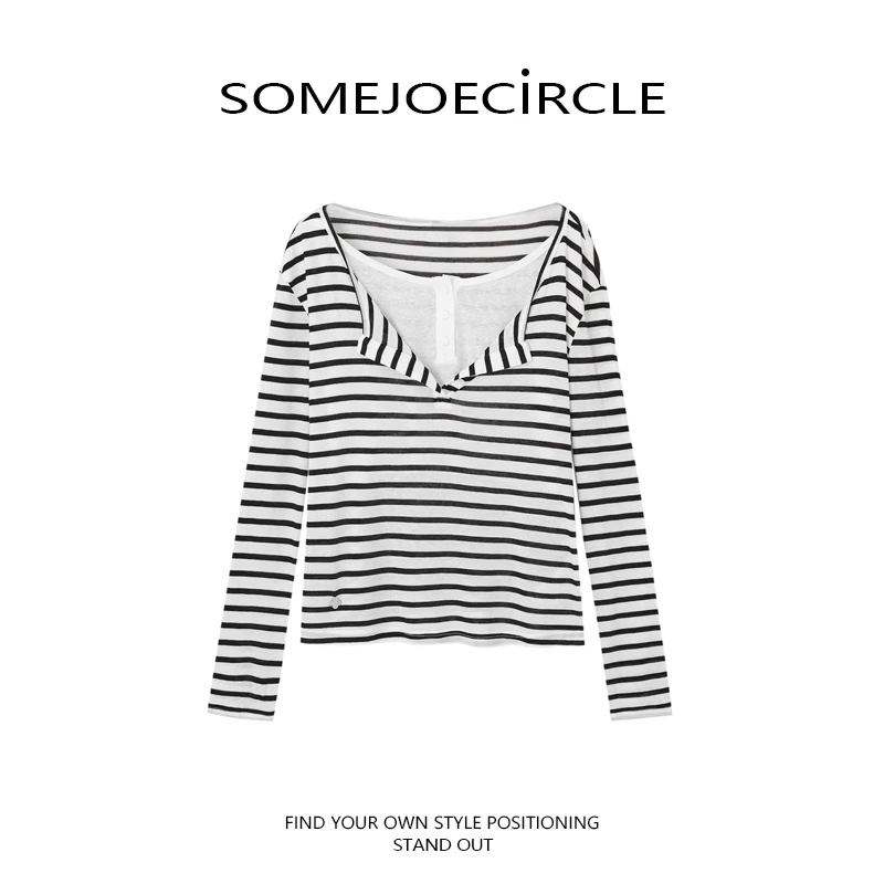 SOMEJOECIRCLE【白鹿】25秋假两件荡领条纹长袖拼接针织T恤女Z7692