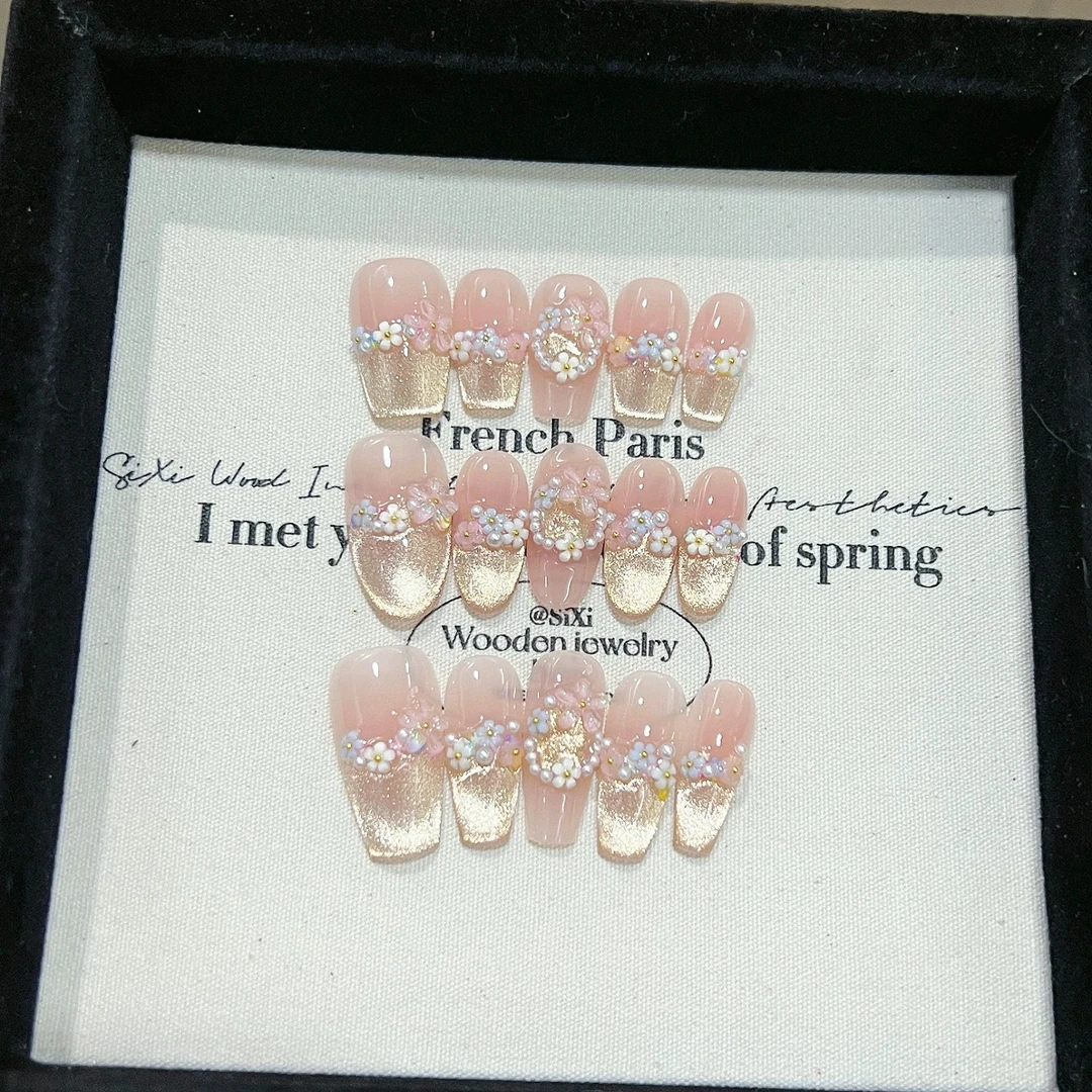 花团温柔款原创纯手工穿戴甲春夏季纯欲美甲贴片