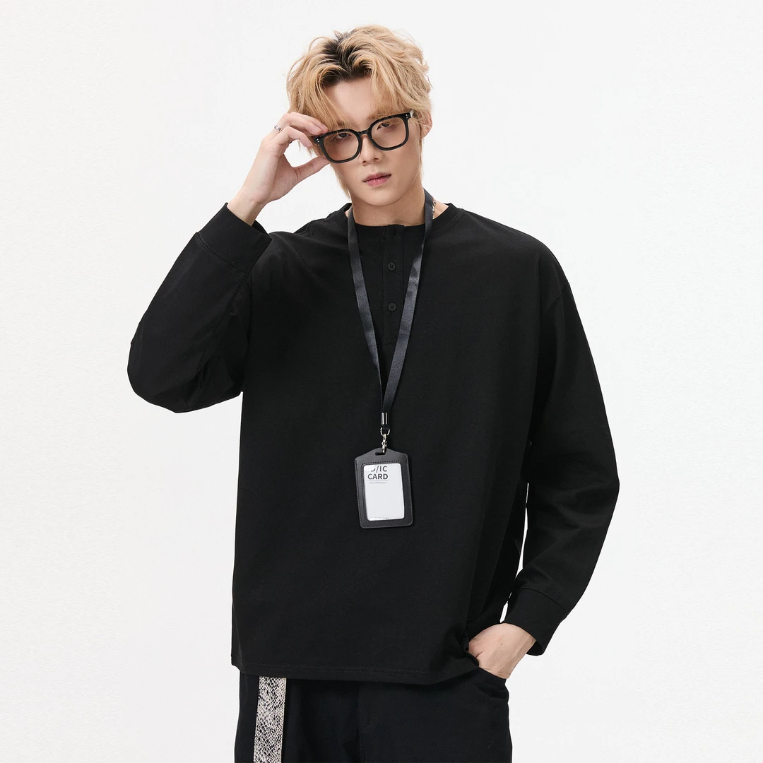 亨利领长袖T恤男痞帅秋季宽松纯色潮牌情侣体恤休闲打底衫上衣