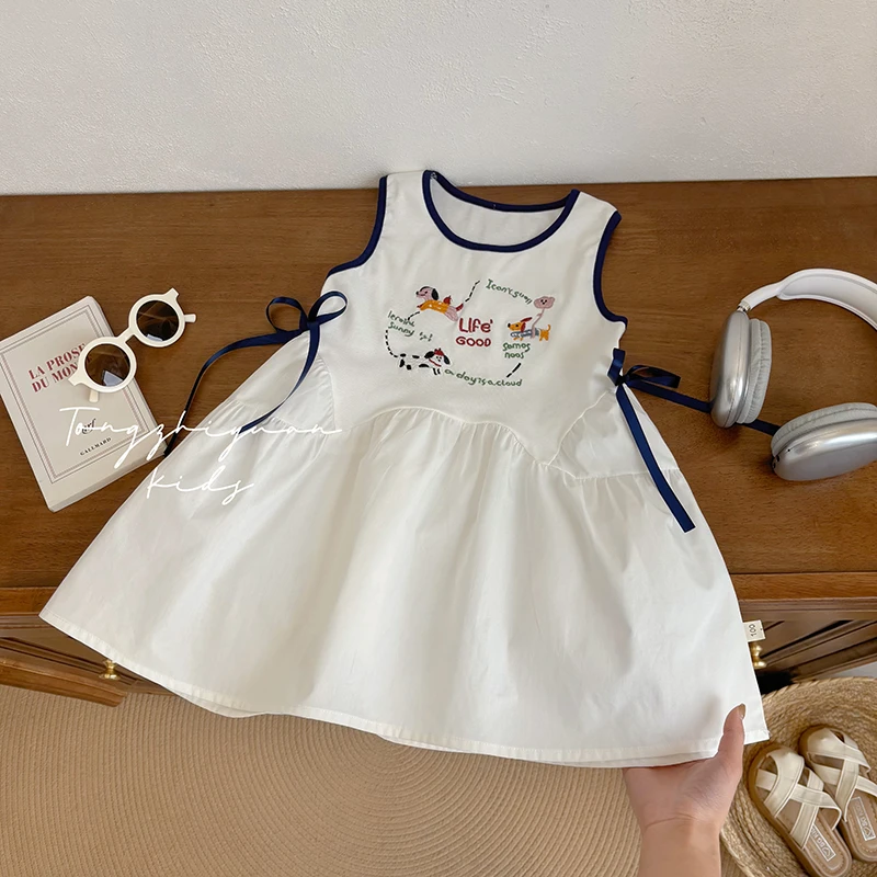 女童夏季新款白色背心卡通刺绣连衣裙女宝宝时尚休闲洋气品质童装