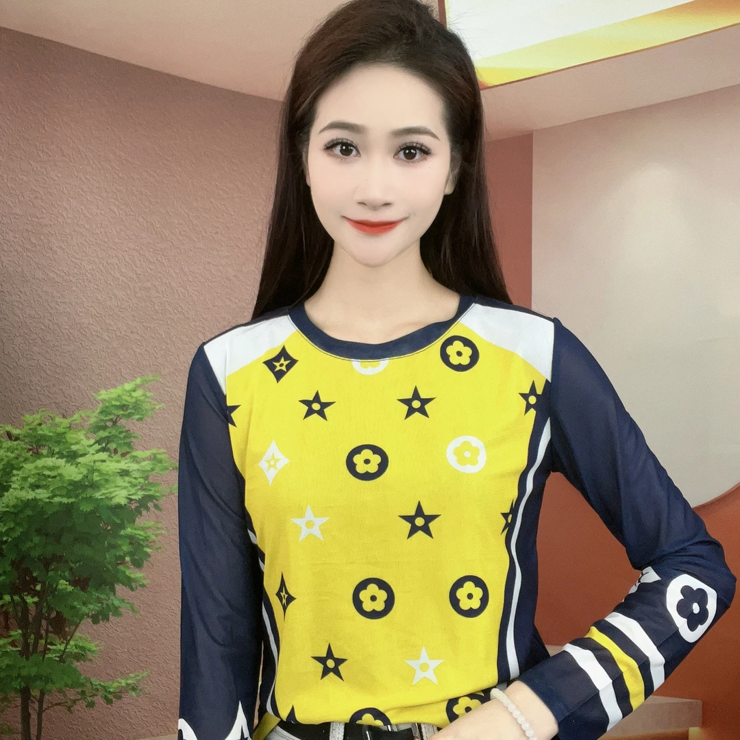 2025夏季新款长袖圆领肌肤纱时尚显瘦印花T恤上衣A259