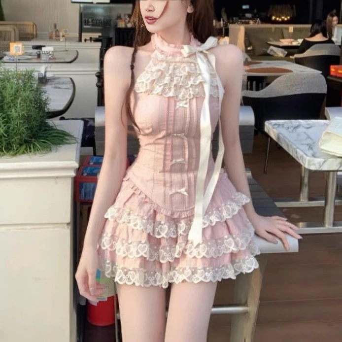 辣妹性感甜美纯欲风吊带挂脖短裙套装女装上衣+半身裙两件套清新