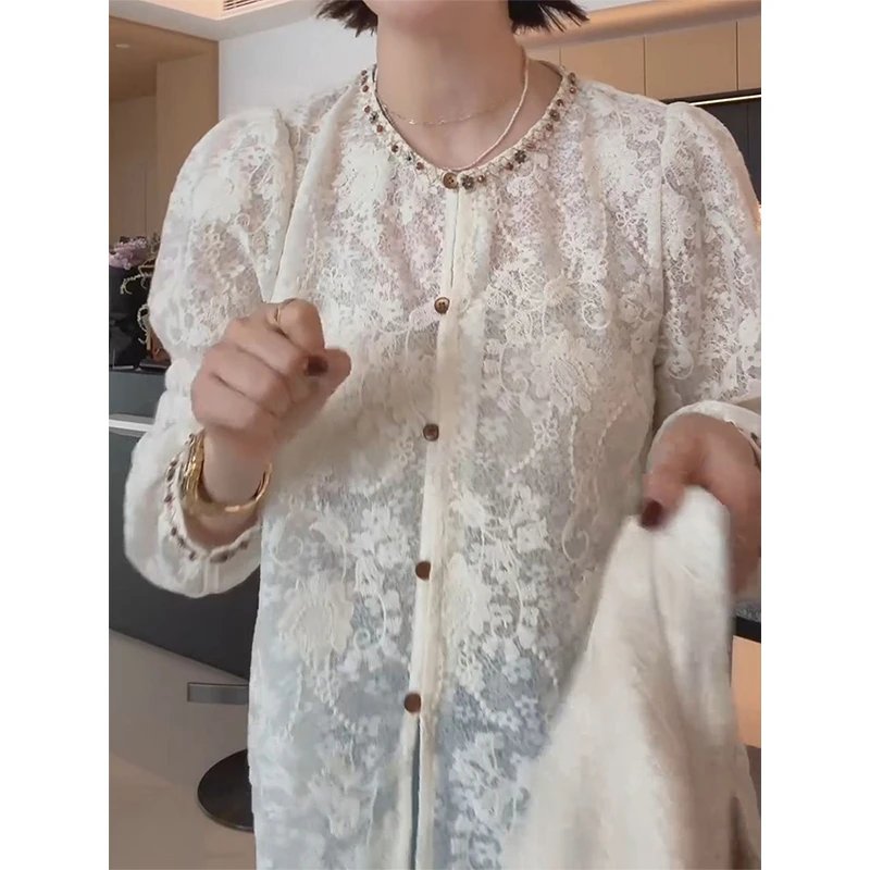 大码重工刺绣圆领串珠蕾丝网纱小衫2025春季胖mm叠穿外搭上衣新款