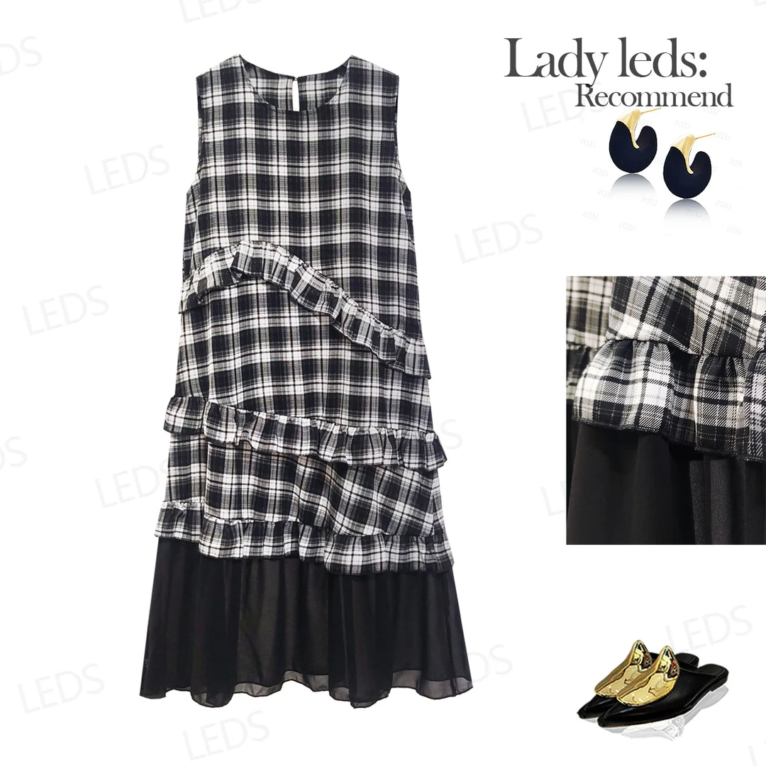 LEDS LX016夏季拼接显瘦气质格子长款无袖连衣裙