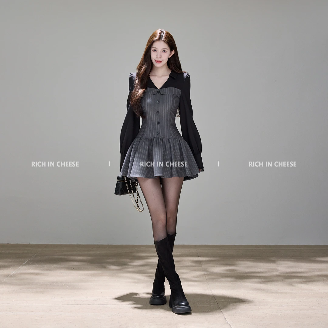 舒胡蕾 高智女主 秋冬设计感收腰法式老钱风条纹拼接连衣裙