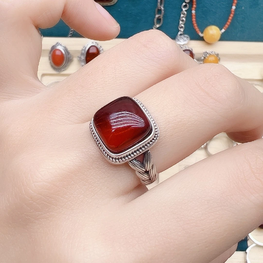 血珀戒指银S925镶嵌天然