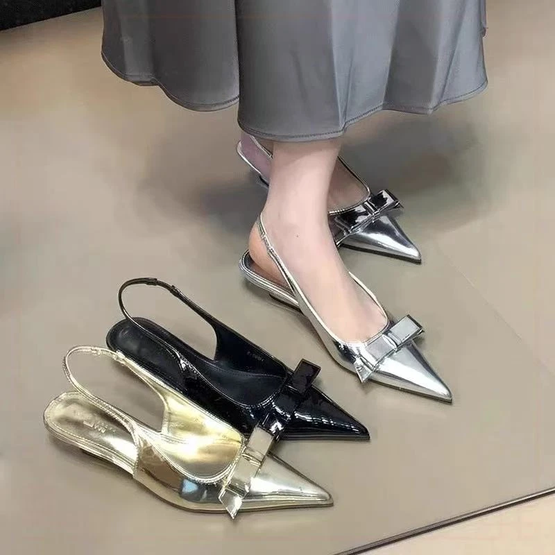 2025年春新款尖头蝴蝶结坡跟单鞋法式气质名媛仙女风配裙子凉鞋女