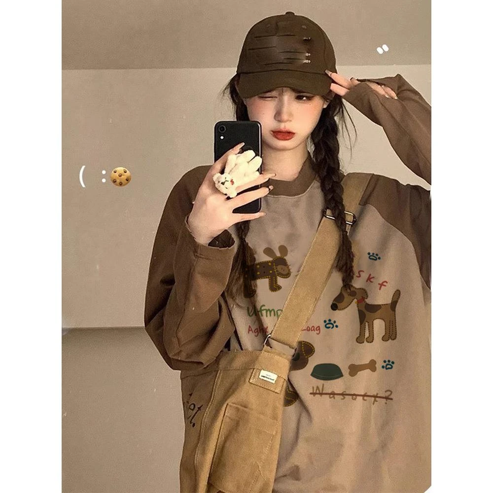 美式复古美拉德穿搭秋冬季新款大码长袖T恤女胖MM卡通动漫上衣ins