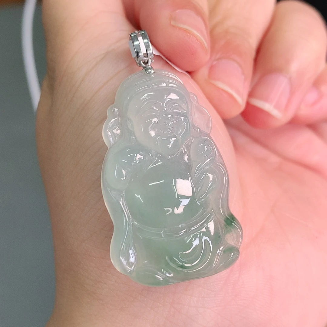 翡翠18K金镶嵌颈饰冰晴飘绿财神爷