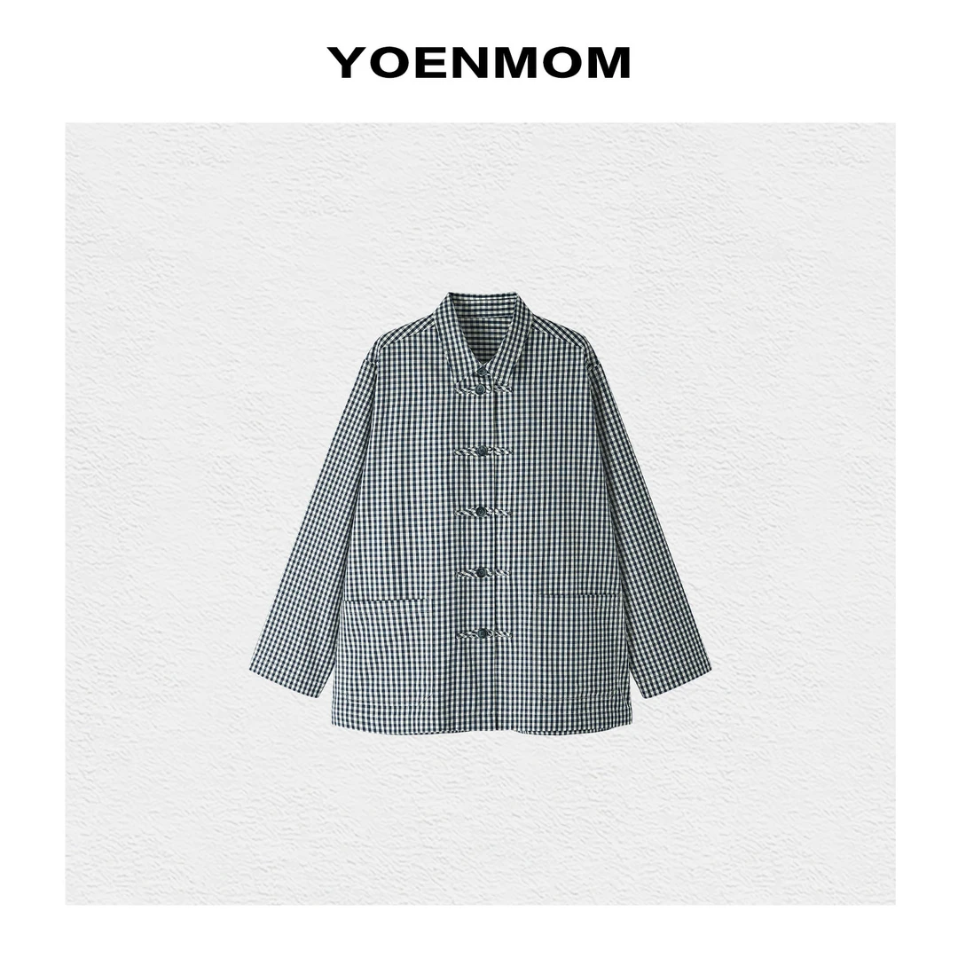 YOENMOM·方寸格子2025早春新品 100棉复古文艺轻国风盘扣翻领衬衫