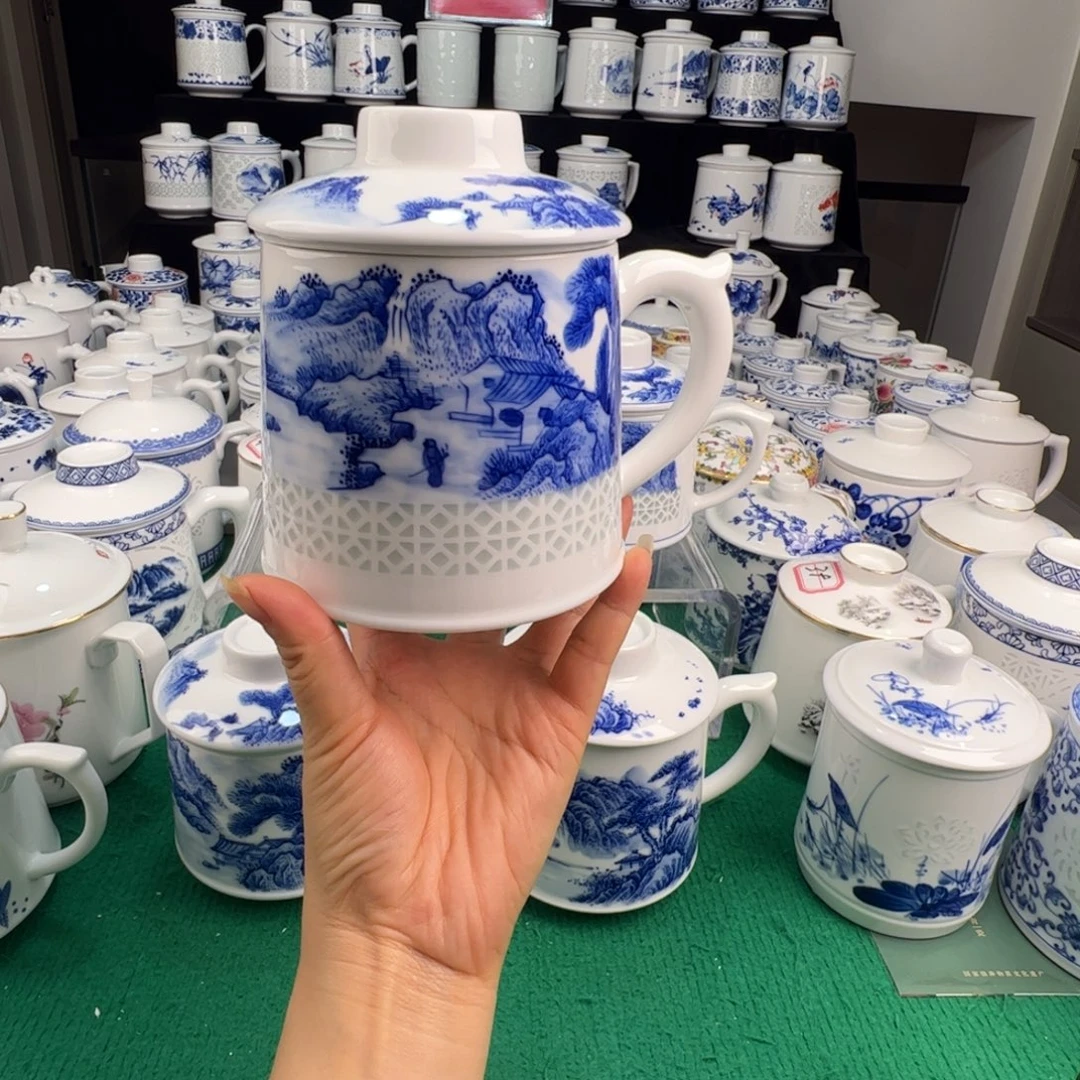 独***生摆件景德镇手绘山水办公杯带礼盒