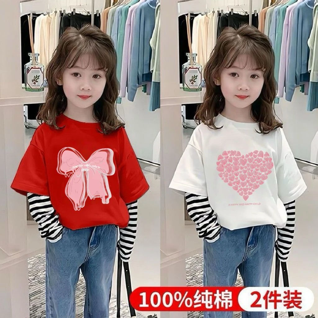 女童宝宝春秋季新款纯棉长袖T恤爆款百搭可爱卡通条纹假两件上衣9