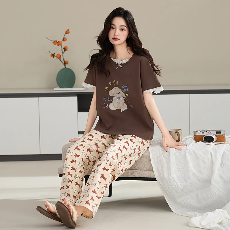 7A抗菌睡衣女夏季纯棉短袖长裤宽松加大码100%全棉卡通家居服套装