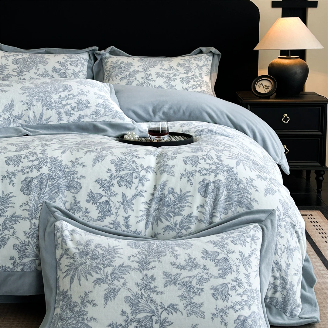 双11新款A类加厚牛奶绒法式数码印花宽边四件套床笠双面绒三件套