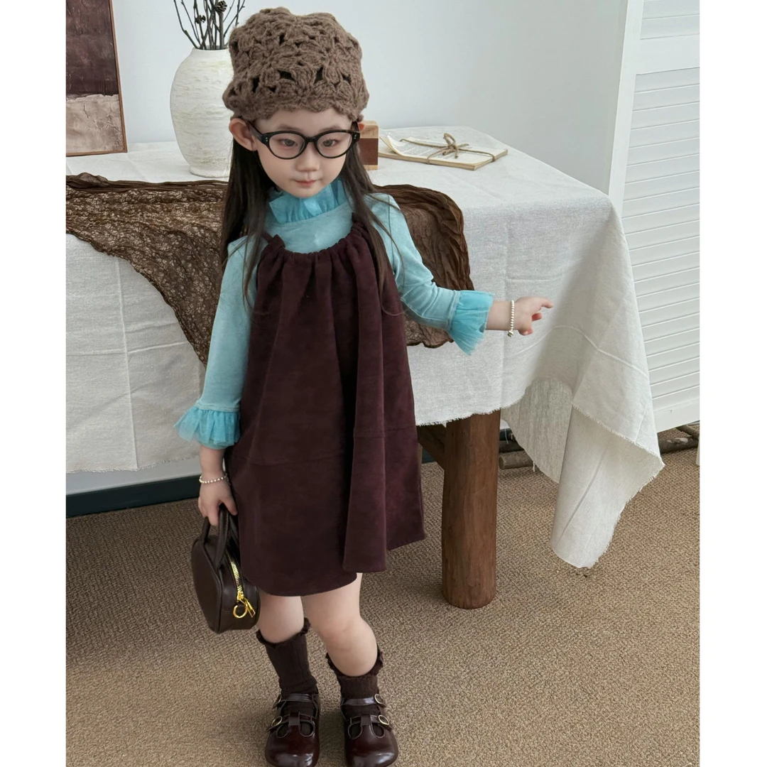 2025秋季新款女童高级绿打底复古红裙子套装女童秋装