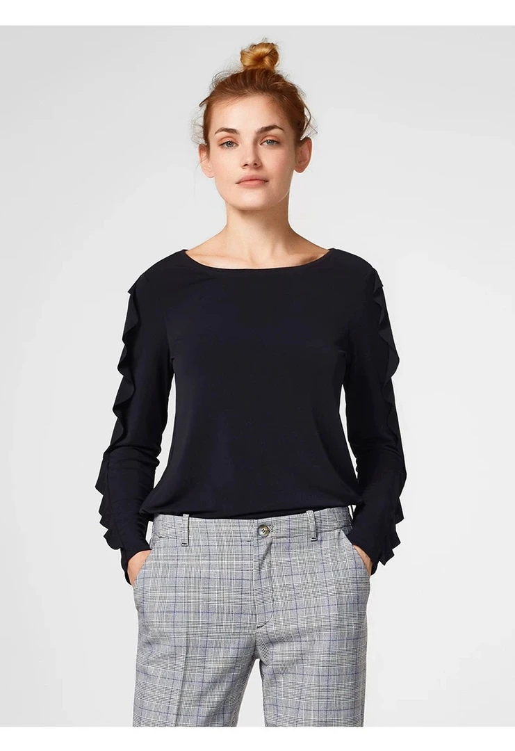 CS038春秋木耳边长袖纯色圆领休闲T恤女时尚百搭透气简约宽松