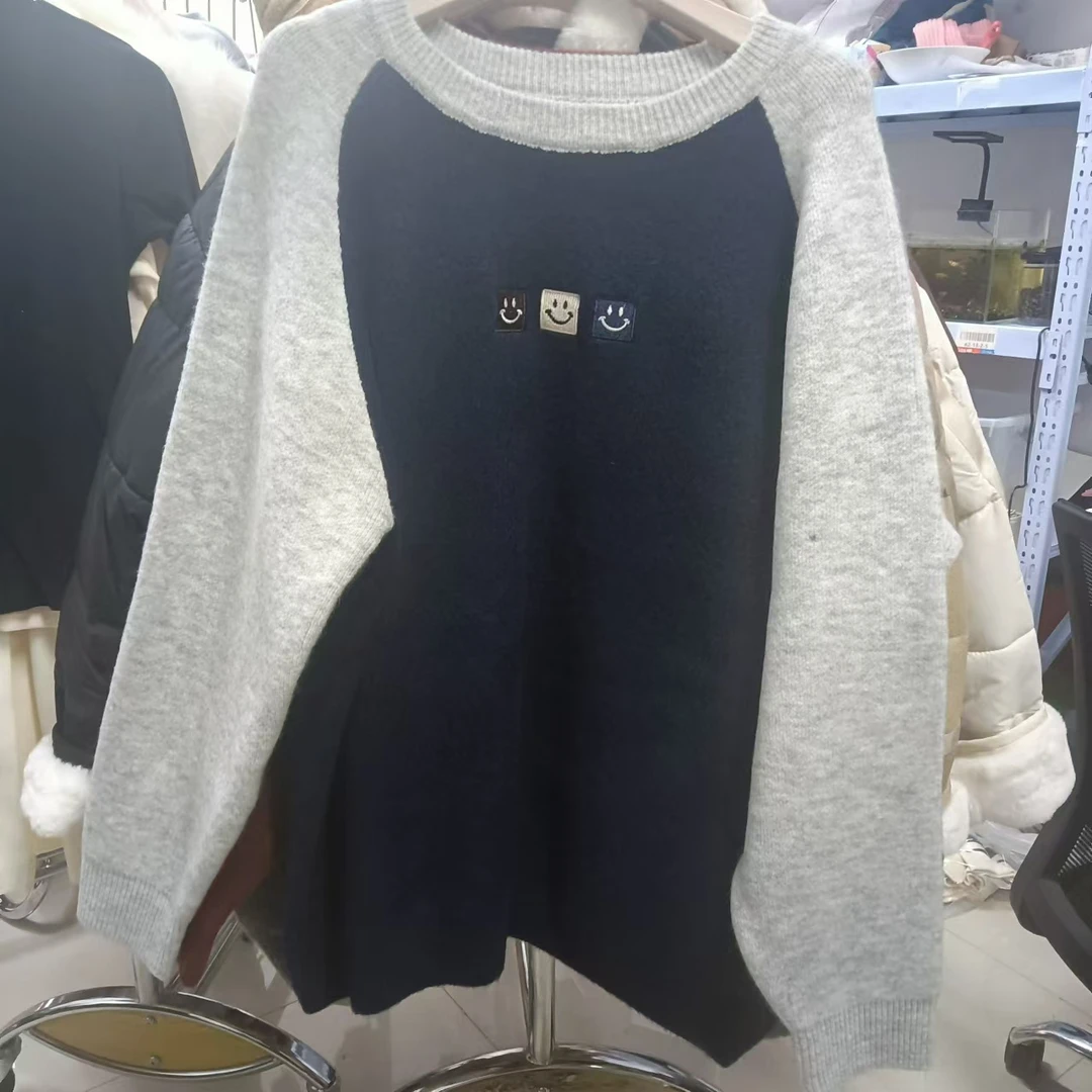 撞色条纹宽松减龄百搭圆领长袖针织衫K2473