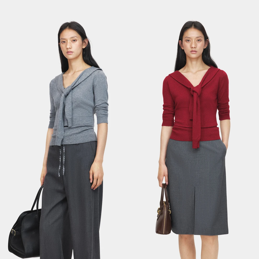 Marllen海领轻歌 春季新款羊毛中袖T恤 设计感水手领绑带针织衫女