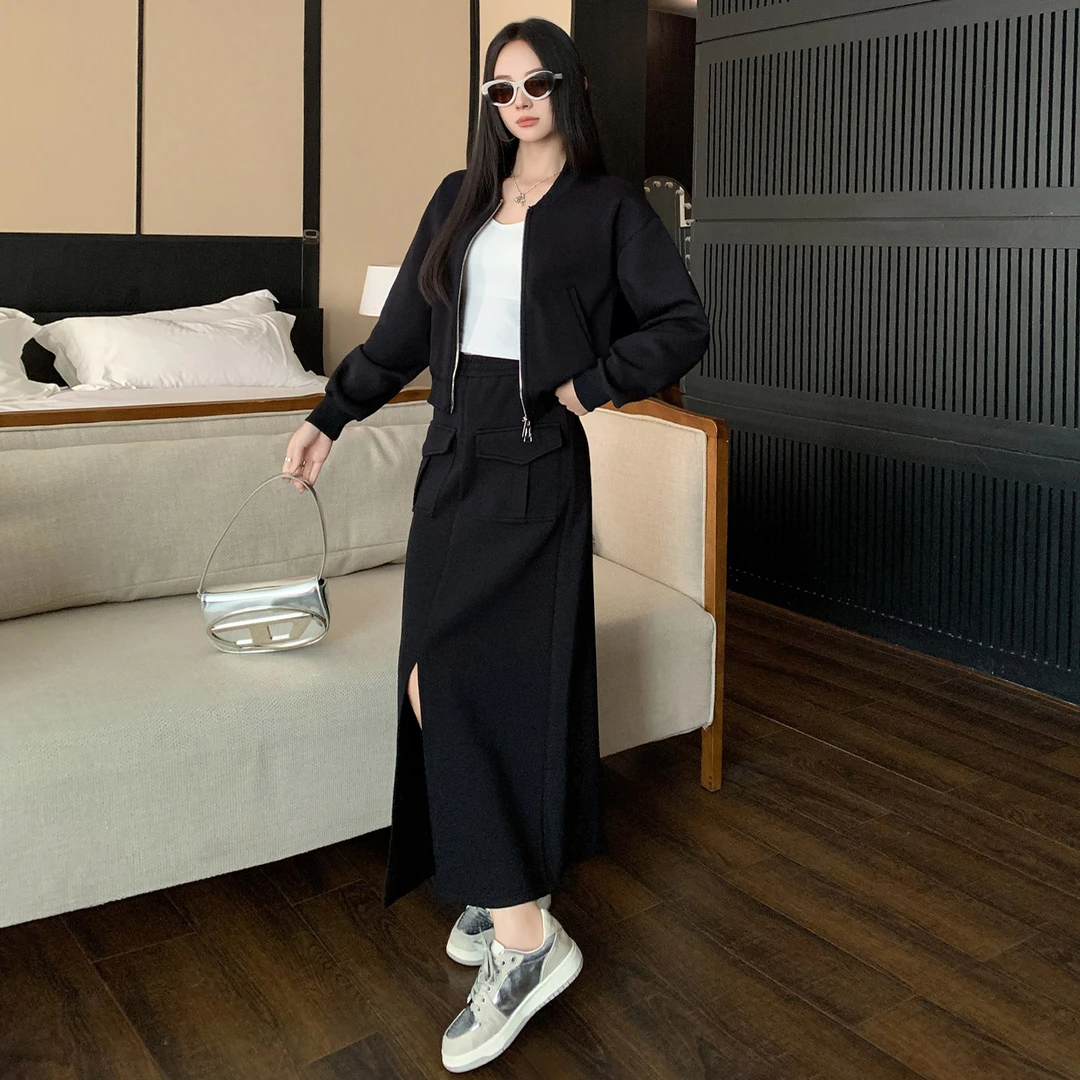 纯色连帽拉链开衫卫衣套装女秋季新款时尚减龄开叉半身裙两件套潮