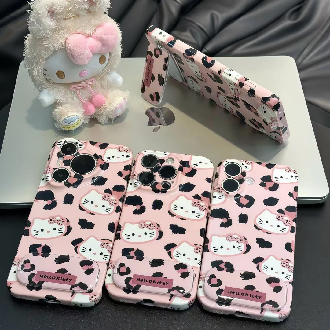 ins粉kitty猫豹纹适用苹果16支架手机壳华为P70vivo小米15oppo套