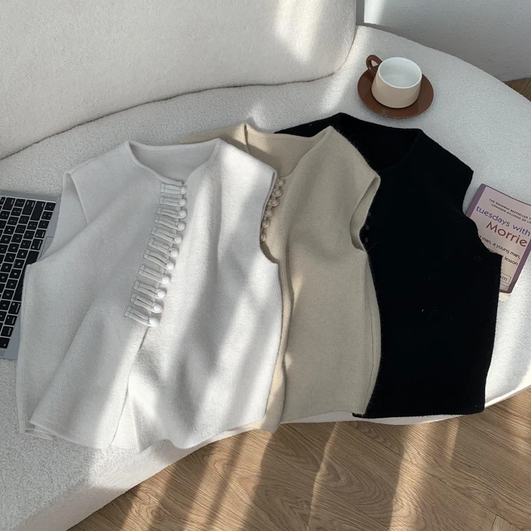 气质单排扣宽松针织马甲背心女无袖外套HJ126